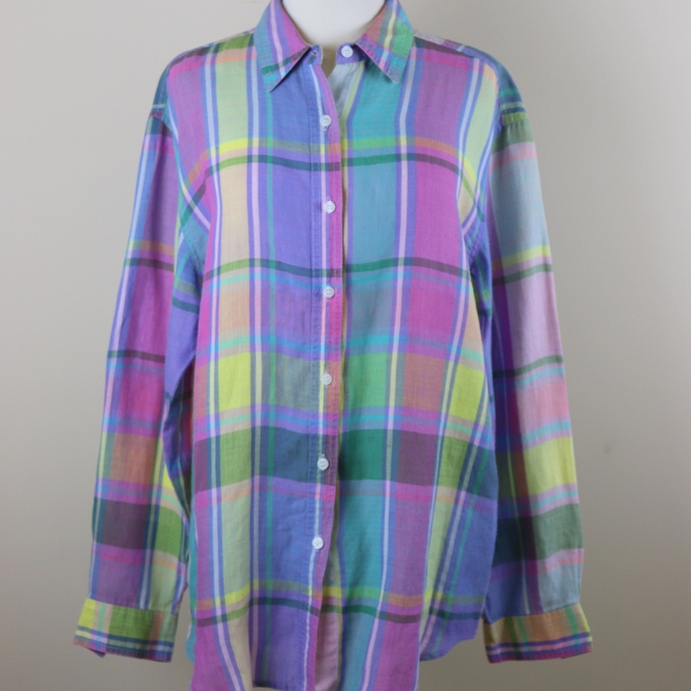 C&R Linen Plaid LS Button Down Shirt Size L